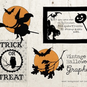 Halloween Collage Clipart - Vintage Bat Witch Owl Black Cat Scrapbook - Printable Halloween Graphics - Vintage - DIGITAL INSTANT DOWNLOAD