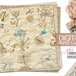 May include: Digital paper pack with a vintage aesthetic featuring butterflies, dragonflies, seashells, and floral designs on a textured background. The pack includes 12x12 inch papers and two bonus papers.