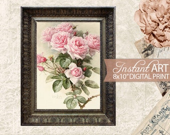 Printable Botanical Flower Art - Old Botanical Color Illustration Graphic - Antique Pink Floral Print Download - 8x10 - INSTANT DOWNLOAD
