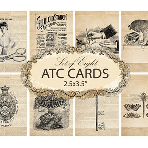 Printable ATC Cards - Digital Sheet Set Vintage Illustrations Paper - Scrapbook Paper - Paper Background - INSTANT DOWNLOAD - Sheet of 8