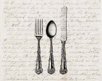 Kitchen Digital Download Antique Silverware Flatware Set Fork Knife Spoon Set Graphic Printable Craft Transfer Scrapbook INSTANT DOWNLOAD