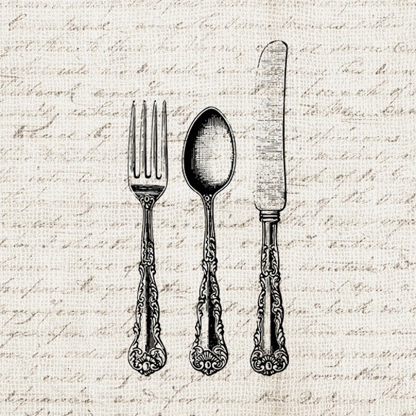 Kitchen Digital Download Antique Silverware Flatware Set Fork Knife Spoon Set Graphic Printable Craft Transfer Scrapbook INSTANT DOWNLOAD