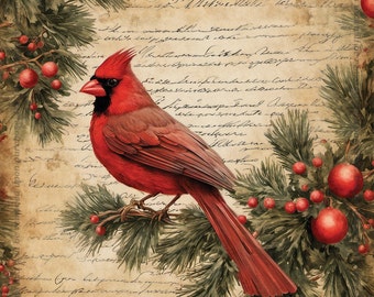 Cardinal Christmas Digital Paper: 12x12 Antique Winter Printable Scrapbook Background (Digital Download)