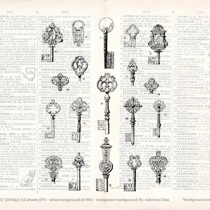 Digitale Collage Sheet - Antieke Toetsen Vintage Illustratie Clip Art Sheet - Antieke Afdrukbare Toetsen Transfer Graphic - INSTANT DOWNLOAD