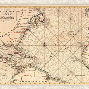 Puede incluir: Mapa antiguo del Océano Atlántico Norte, con líneas de costa detalladas y líneas de navegación. El mapa, en tonos beige y marrón, incluye texto en francés y latín, con el título "OCEAN ATLANTIQUE DU MER DU NORD".