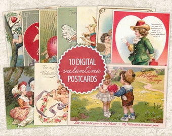 10 Digital Valentine Postcards - Antique Vintage Valentine Day - Victorian Valentines Card - Printable Valentine Cards - INSTANT DOWNLOAD