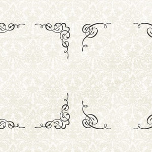 May include: Set of six black decorative corner designs with intricate swirls. These designs can be used for scrapbooking, card making, or other craft projects.