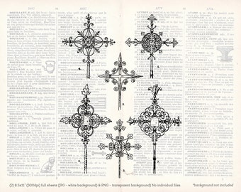 Sublimation Antique Ornate Crosses Religieuse Vintage Illustration Clip Art Feuille - Antique Imprimable Graphique - TÉLÉCHARGEMENT INSTANTANÉ