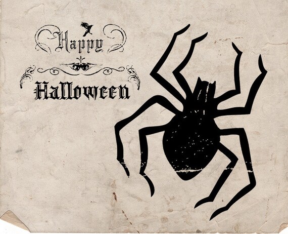 Halloween Spider Silhouette Illustration - Antique Style Spider Clipart & Happy Halloween Text Graphic Scrapbook - DIGITAL INSTANT DOWNLOAD
