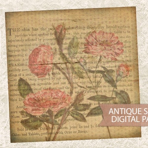 Papel Digital - DESCARGA INSTANTÁNEA - Antique Style Pink Tone Paper 12x12 Old Vintage Paper - Digital Pink Flowers Paper - Print Paper JPG
