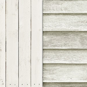 May include: A close-up of two different types of white painted wood siding. The left side is vertical planks and the right side is horizontal planks.