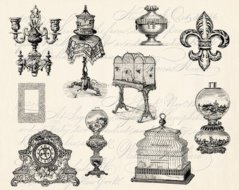 Digital Collage Sheet - Old vintage Home Graphics Images Clipart - Antique Decor Printable Download Individual PNG & JPG INSTANT Download