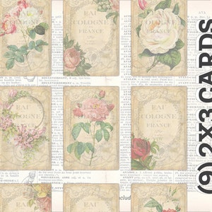 Printable 2x3 ATC Cards - Digital Sheet Set of 9 Vintage Flowers French Floral - Scrapbook Paper Background - INSTANT DOWNLOAD - Sheet of 8