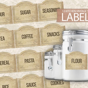 12 Digital Kitchen Labels - Antique Vintage Style Printable Labels - Kitchen Labels Sheet - Printable Food Jar Labels - INSTANT DOWNLOAD