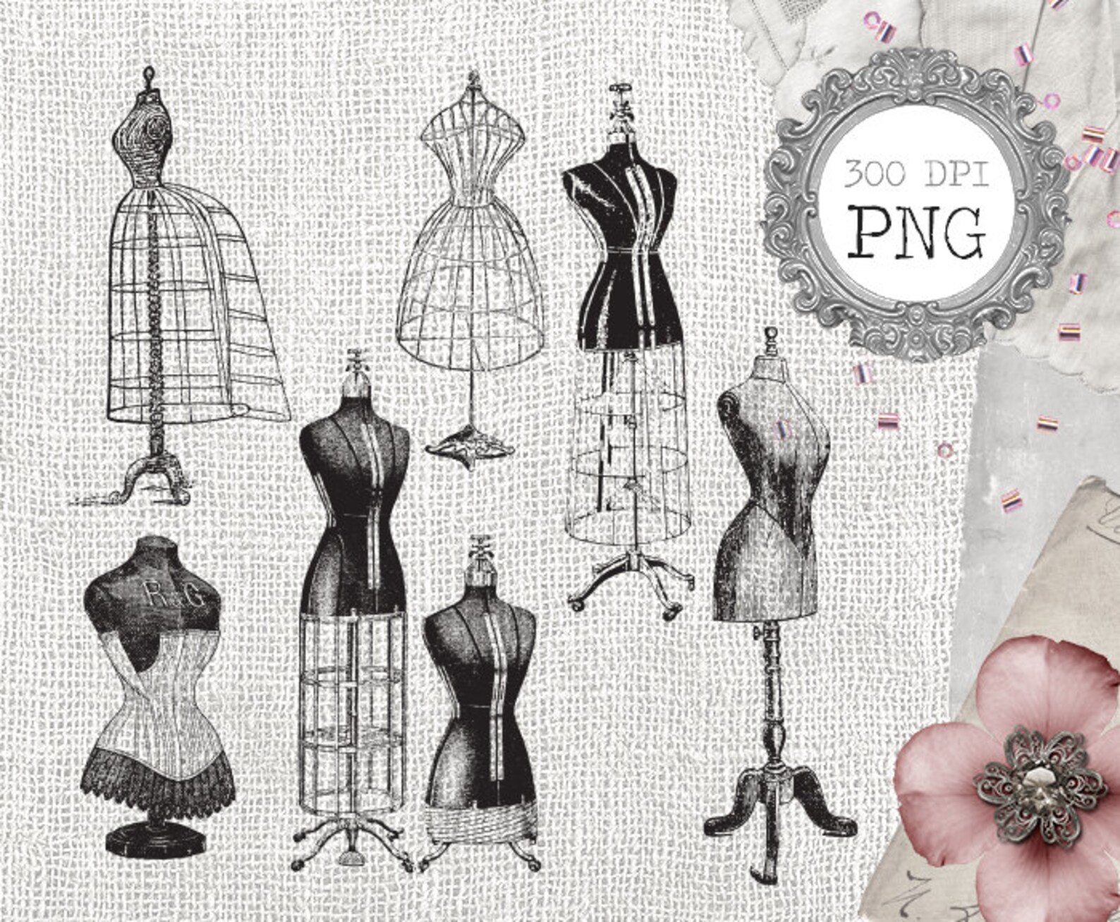 6 Vintage Antique Dress Form Mannequins Clipart Bundle Set Sewing Dress ...