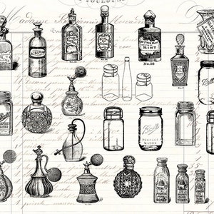Vintage Bottles Bundle PNG - Perfume Bottle Mason Jars Bottles Clipart PNG & JPG Printable Transfer Bundle