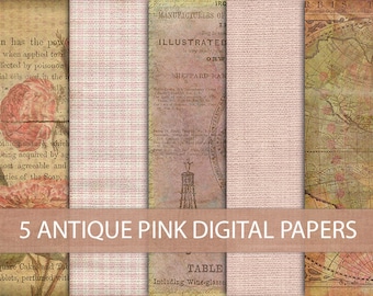 5 Digital Papers - Antique Style Pink Scrapbook Journal Paper 12x12 Old Vintage Paper - Digital Paper Set - Print Paper JPG