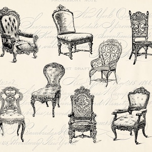 Digitale Collage Blatt - 8 antike Stühle - Edwardian viktorianischen Stühle Grafiken Clipart einzelne PNG und JPG sofortiger Download
