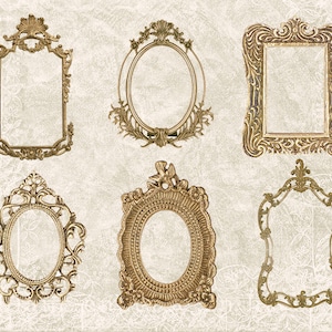 May include: Six ornate gold-coloured picture frames with intricate designs. The frames are arranged in two rows of three.