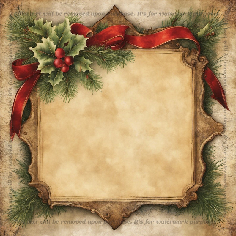Christmas Frame Digital Paper: Antique Holly & Ribbon Scrapbook ...