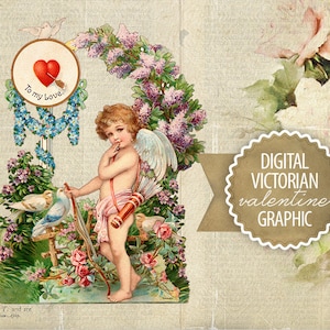 Vintage San Valentino Cupido Angelo Fustellato Antico San Valentino Fustellato Grafico Vittoriano Stampabile - Vintage Clipart Transfer Iron On