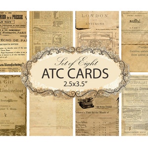 Cartões ATC para impressão - Conjunto de folhas digitais com 8 anúncios de jornais antigos - Papel para scrapbook - Fundo de papel - DOWNLOAD INSTANTÂNEO - Folha com 8
