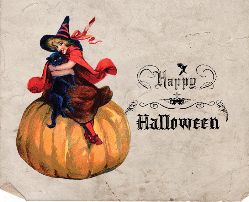 Digital Halloween Girl on Pumpkin Illustration Antique Girl Witch Pumpkin and Happy Halloween Text Graphic Scrapbook INSTANT DOWNLOAD image 1