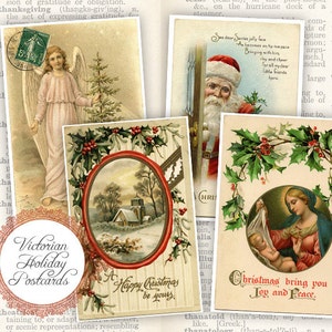 4 Postales Digitales de Navidad - Antiguas Postales de Navidad Vintage - Hoja de Collage de Postales navideñas - Tarjetas de Navidad - DESCARGA INSTANTÁNEA