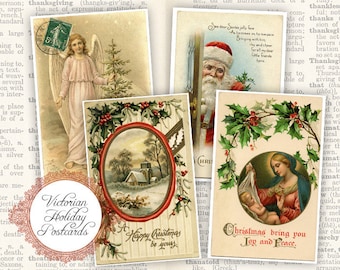 4 Digital Christmas Postcards - Antique Vintage Christmas Postcards - Holiday Postcards Collage Sheet - Christmas Cards - INSTANT DOWNLOAD