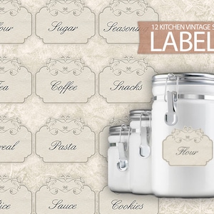 Vintage Kitchen Labels - Antique Vintage Style Printable Labels - Kitchen Labels Sheet - 12 Food Labels - Printable