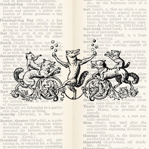 Puede incluir: Ilustración en blanco y negro de zorros haciendo malabarismos con pelotas, sobre un fondo de páginas de diccionario antiguas. La obra presenta adornos ornamentados y un tema caprichoso.