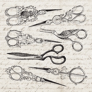 Digital Collage Sheet - 7 Vintage Nähschere Antike Nähschere Illustration Clipart Png & JPG INSTANT Download