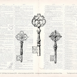 Afdrukbare antieke sleutels Vintage illustratie clip art sheet - afdrukbare kunst antieke afdrukbare toetsen transfer grafische - INSTANT DOWNLOAD