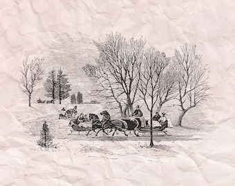 May include: A black and white illustration of a horse-drawn carriage with people riding in the snow. The carriage is pulled by four horses and there are trees in the background.