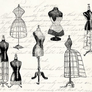 6 Vintage Antique Dress Form Mannequins Clipart Bundle Set Sewing Dress Form PNG & JPG INSTANT Download Printable