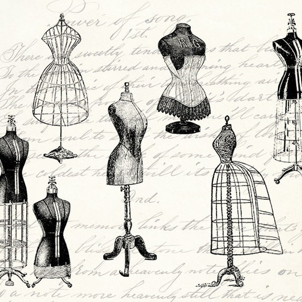 6 vintage Antique Dress Form Mannequins Clipart Bundle Set Sewing Dress Form PNG - JPG INSTANT Télécharger Imprimable
