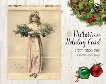 Tarjeta navideña de ángel antiguo: saludos navideños victorianos imprimibles (descarga instantánea)