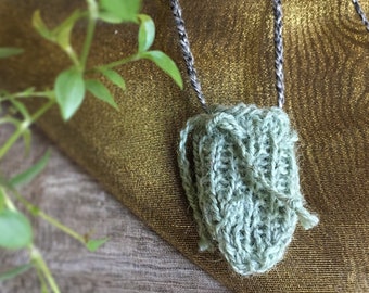 Knit Amulet Pouch Necklace: Wool Linen Crystal Holder