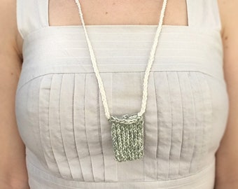 Knit Amulet Pouch Necklace: Wool Linen Crystal Holder