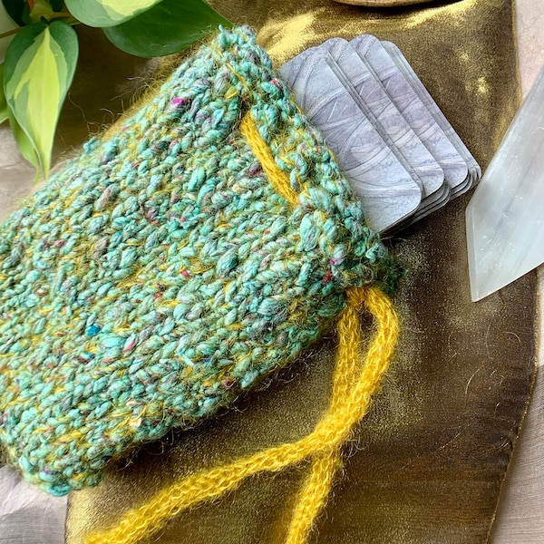 Tarot Oracle Bag - Card Deck Pouch - Magical Knit Case - Natural Fibers - Silk - Banana Silk Yarn - Mohair - Multicolor Turquoise Gold