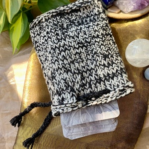 Tarot Oracle Bag - Card Deck Pouch - Magical Knit Case - Natural Fibers - Wool - Black and White