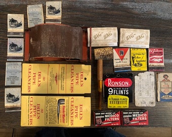 Tobacco : Antique Tobacco Products Lot -Pipe. Cigarette Roller- Matchbook covers, etc .