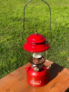 Vintage 1959 Coleman 200A Red Single Mantle Camping Lantern Complete PYREX  Globe 05/59