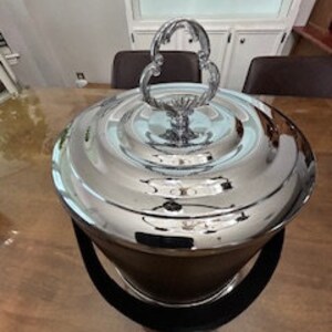 May include: A silver ice bucket with a decorative handle and a black velvet lining. The bucket has a polished finish and a round shape.