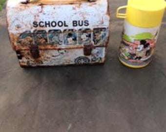 Disney School Bus lunch box with original thermos- Good condition : Collectible - 1960's era.