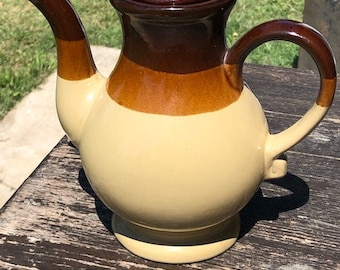 Vintage Glazed Ceramic Teapot: Two-Tone Brown and Beige