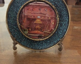 Antique Brass Plate – Fireplace Scene, Made in England (5.5'').
