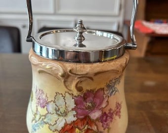 Antique Floral Biscuit Jar – H.W. & BSD English Porcelain, Silver Trim