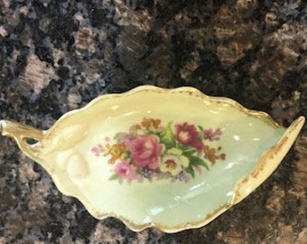Porcelain Green Leaf French Bouquet -Vintage 1958 trinket dish - 22k gold trim paint- Collectible.