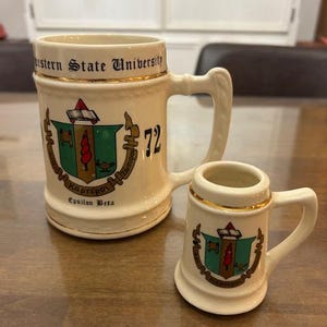 Vintage 1972 Northwestern State Sorority Porcelain Mug Set: Hand-Painted Gold Trim